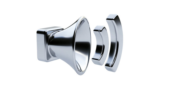 Shiny metallic chrome megaphone speaker icon with sound wave symbol