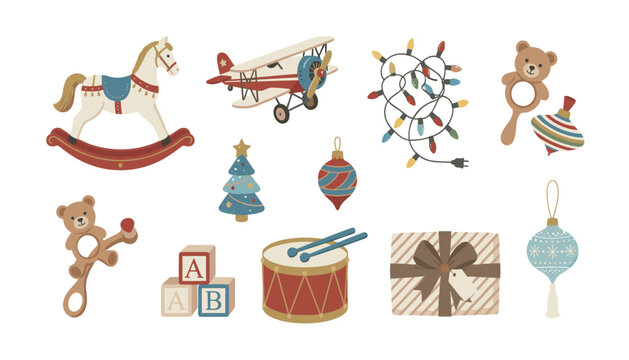 A nostalgic vector collection of vintage Christmas toys. featuring rocking horse, airplane, teddy bear, drum, gift box, isolated on a white background.