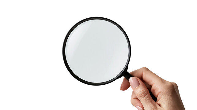 Hand holding a black magnifying glass with a clear glass lens