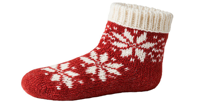 Red and white knitted wool sock with snowflake pattern and ribbed cuff