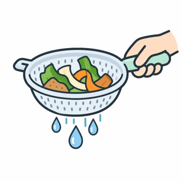野菜くずを入れたザルを持って水を切る手、生ゴミを捨てる前の水切りのイラスト
