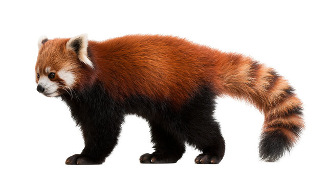Red panda standing with fluffy striped tail and thick reddish brown fur