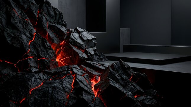 Molten lava glowing inside dark volcanic rock formation on minimalist stage
