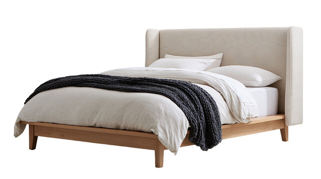 Modern upholstered wingback bed frame with wooden base and grey knit throw blanket