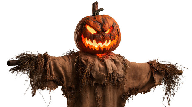 Scary glowing jack-o-lantern pumpkin head scarecrow with tattered brown clothing