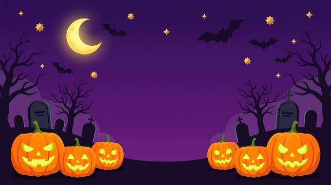 A spooky halloween background, with carved jack, o lanterns on, a dark purple, night with a crescent
