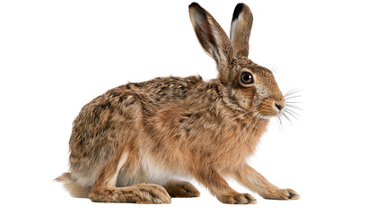 Brown European hare with long ears and textured fur sitting in profile © Thaddeus