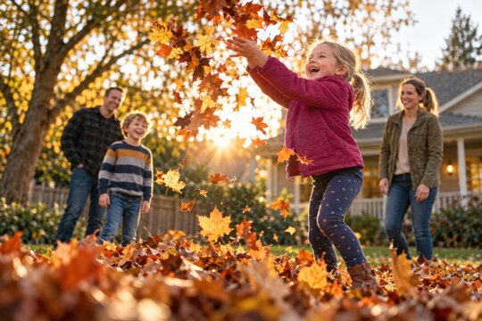 Happy family enjoying autumn season. A joyful child throwing colorful maple leaf in the backyard at sunset