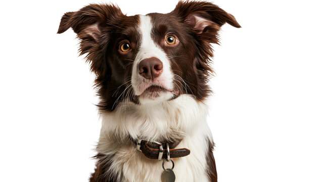 Brown and white Border Collie dog wearing a leather collar with a metal tag
