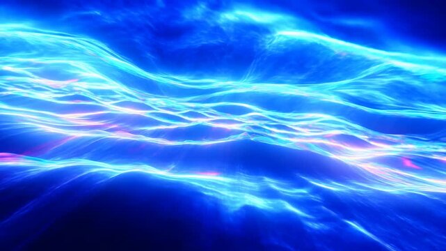 Glowing cyan and pink light strands ripple and sweep across deep blue abstract space, forming layered luminous waves that shift smoothly through center with flowing filament motion