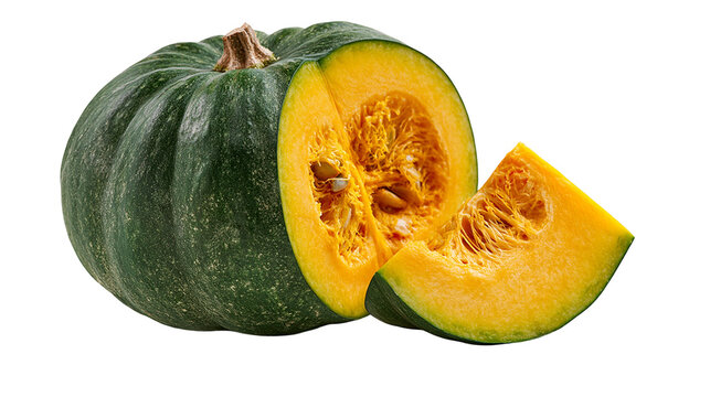 Whole dark green kabocha squash with a sliced wedge showing bright orange flesh