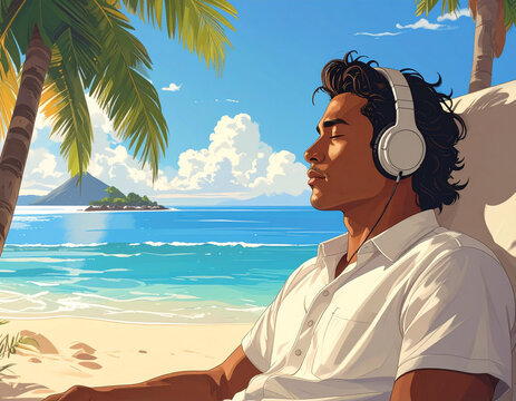 Man relaxing on tropical beach listening to music with headphones