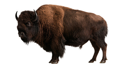 Large brown American bison standing in profile with thick fur and curved horns © Thaddeus