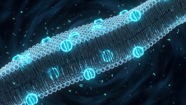 Cell membrane structure with glowing ion channels illustrates microscopic biological processes.
