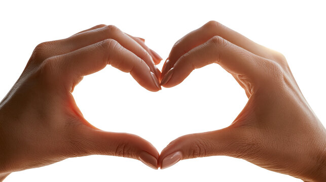 Two hands forming a heart shape with fingers against a bright light