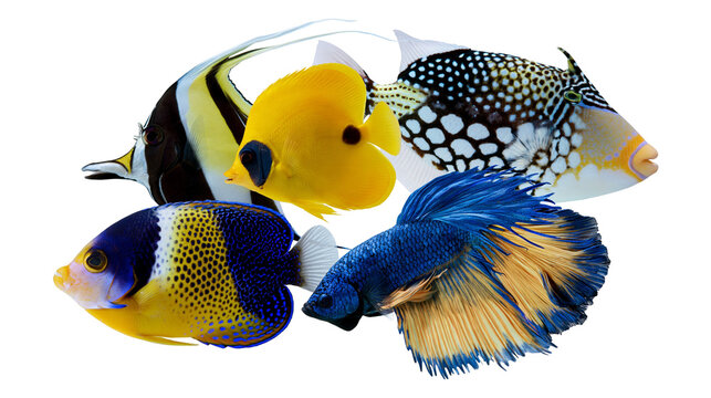 Group of colorful tropical fish including moorish idol angelfish, and betta fish