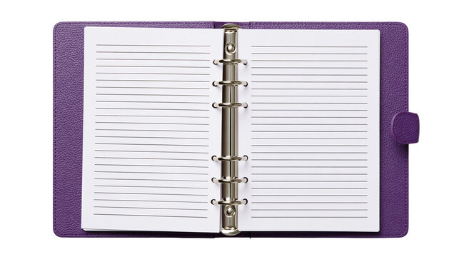 Open purple leather personal planner with metal ring binder and lined paper pages