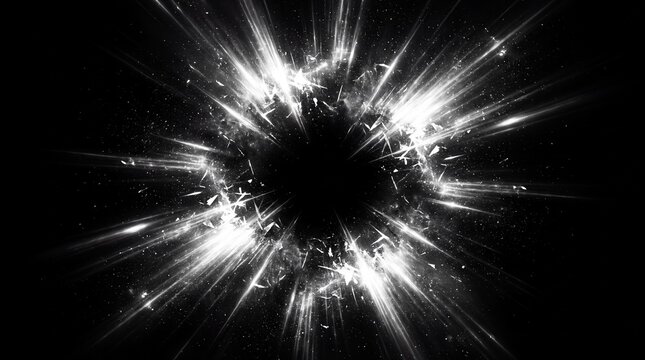 A bright white light burst exploding in a dark void with flying glass fragments with particles scattering outward black background with transformation