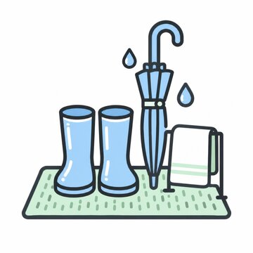 玄関マットに並べた長靴と折りたたみ傘とタオル、雨の日の備えのイラスト