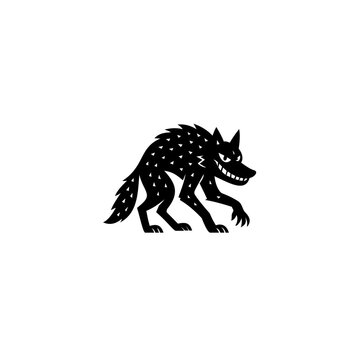 Vector graphic illustration of a fierce, prowling wild wolf in a black silhouette style with an aggressive snarling expression and patterned body