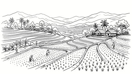 Fototapeta premium Hand drawn illustration of traditional rice terraces with farmers working in the fields.