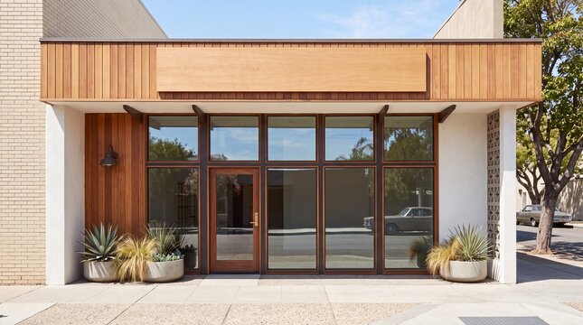 Modern storefront exterior with wooden accents and large glass windows on a sunny day.