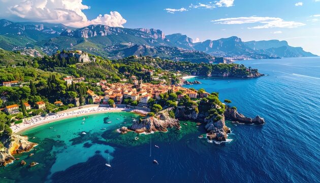An aerial view of a picturesque coastal town with red-tiled roofs and a sandy beach nestled beside turquoise waters.