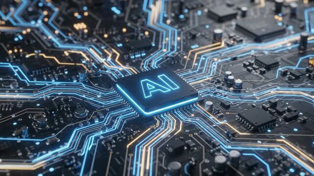 Expanding AI Landscape, luminous processor zooming out, revealing intricate circuitry and pulsating data flow, ideal for technology presentations.