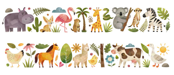 Fototapeta premium Watercolor borders with animals. Cute hand drawn farm and wild animals dividers. Hippopotamus, flamingo, giraffe, koala, zebra, horse, cow