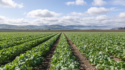 Obraz premium The lettuce field stretching toward distant mountains under a bright sky