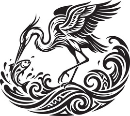 Fototapeta premium Stylized heron bird hunting fish vector, tribal crane silhouette in ocean waves, black and white wildlife logo graphic