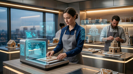 Fototapeta premium Professional Baker Utilizing Advanced Holographic Technology for Precision Architectural Gingerbread Construction in a Modern Kitchen Environment