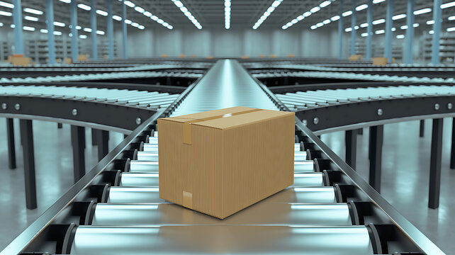 A single brown cardboard shipping box sits on a metal roller conveyor belt inside a large, empty industrial warehouse with bright overhead lighting and rows of storage racks in the background