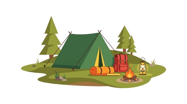 Camping adventure in forest with tent campfire backpack and lantern vector graphics