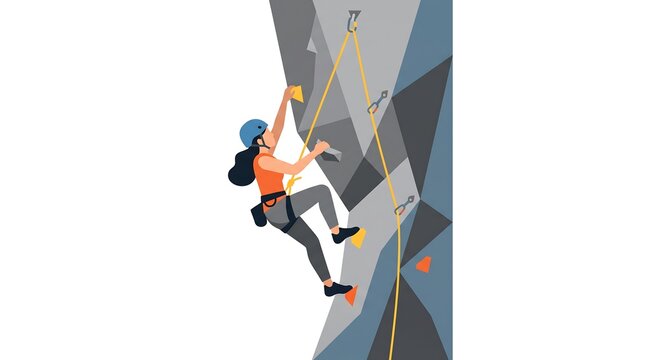 Female rock climber scaling steep mountain cliff with ropes vector illustration