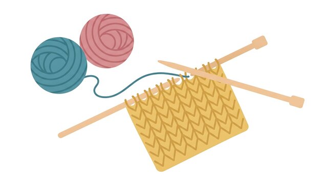 Knitting project with yellow knitted fabric pink and blue yarn balls and wooden needles vector