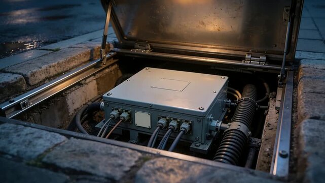 Moving camera revealing metal utility box in street vault at curb, lamp lighting cables for detail