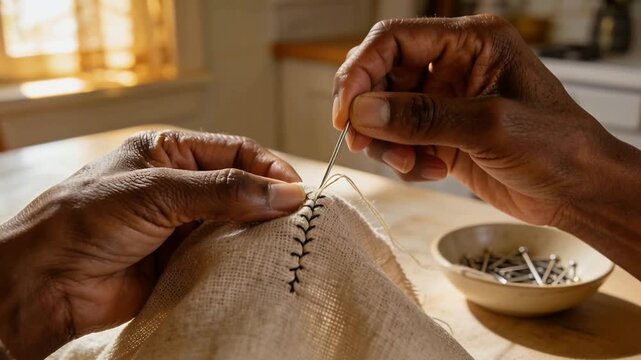 Guiding hands pulling threaded needle through burlap at kitchen table, mending seam with pins