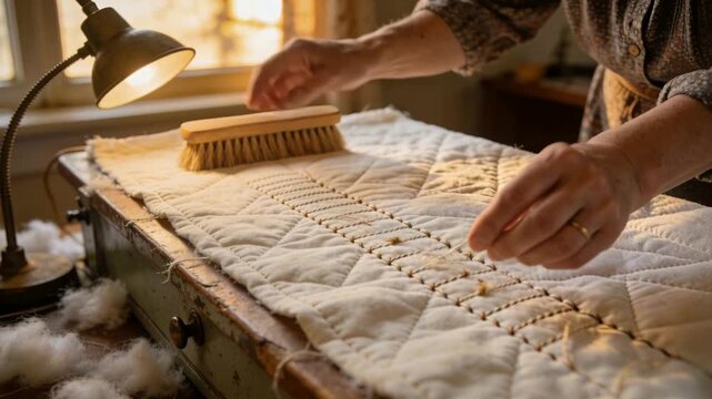 Brushing hands wearing patterned top smoothing quilt at window, after soft brush, securing stitches
