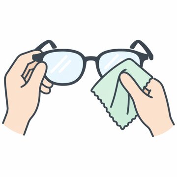 マイクロファイバークロスでメガネのレンズを拭く両手、傷をつけない正しい拭き方のイラスト