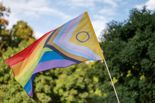 Rainbow Pride Flag with Intersex Symbol Against Blue Sky