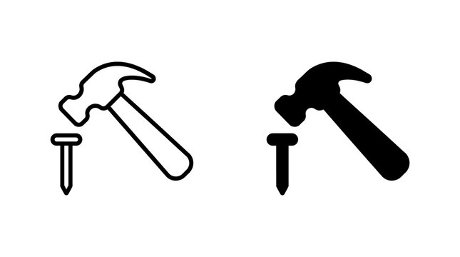 Hammer and nail vector icon set isolated on transparent background