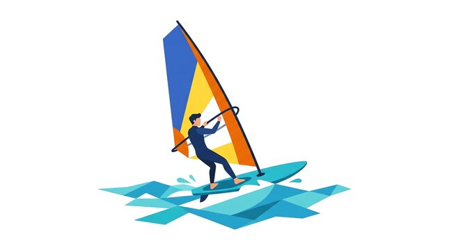 Windsurfer sailing on sea water vector artwork depicting extreme windsurfing hobby and aquatic exercise