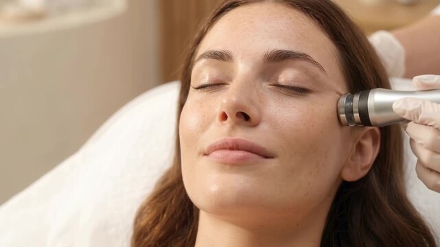 Woman receiving facial treatment with beauty device in spa salon. Cosmetologist performing skin care procedure on face of relaxed female client.