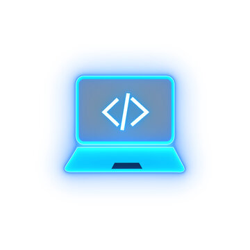 Glowing blue neon laptop icon with coding symbols on a transparent background, representing software development, programming, technology, and digital innovation.