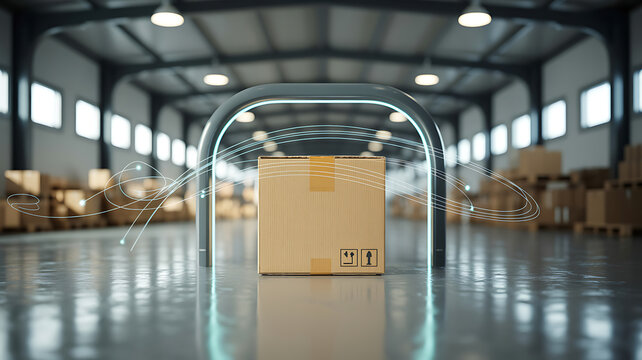 A brown cardboard shipping box placed beneath a metallic archway with glowing light trails circulating around it in a vast, empty industrial warehouse with ceilings and concrete flooring