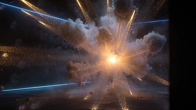 Brightening core igniting golden streaks and smoke inside neon chamber during test, kicking dust