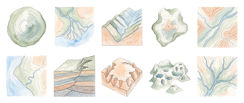 Topographic map watercolor landscape elements set featuring landforms, rivers, contour lines, canyons, and geological terrain cross sections for geography design, cartography projects, and map design.