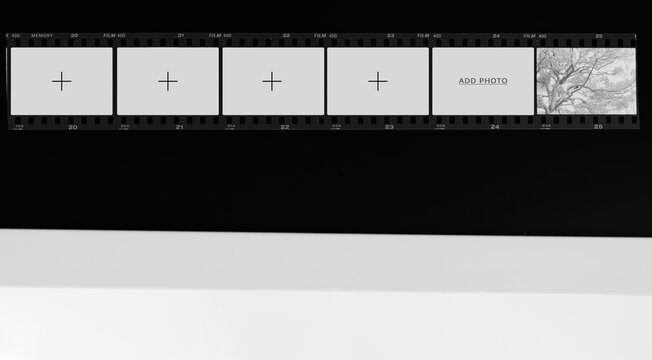 Panoramic photographic film negative mockup banner with add photo.