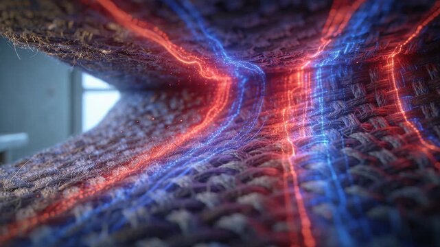 Camera approaching knit fabric in studio, red blue strands pulsing, emitting sparks showing texture